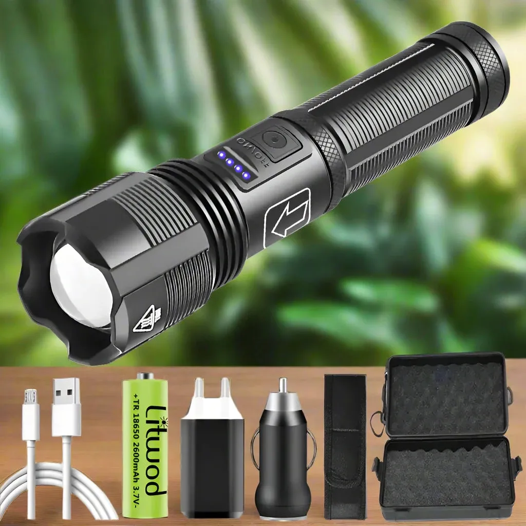 Tactical Hunting Flashlight - 1600 Lumen LED, Zoomable, Waterproof, USB Rechargeable, Durable Design