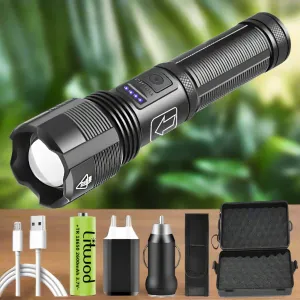 Tactical Hunting Flashlight - 1600 Lumen LED, Zoomable, Waterproof, USB Rechargeable, Durable Design
