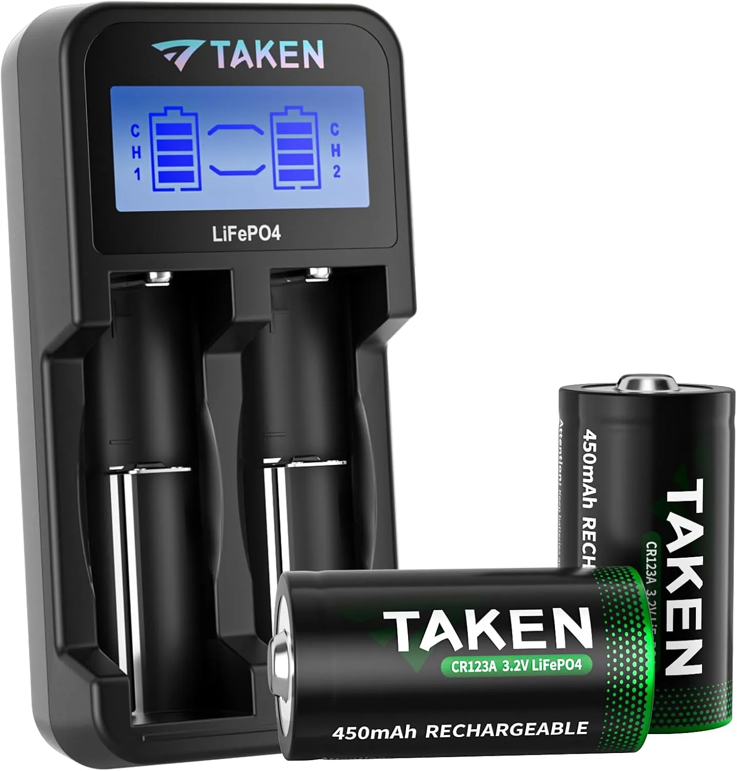 Taken 123a Lithium Batteries，2-Pack 3.2V Batteries with Charger Compatible with Arlo Wireless Security Cameras VMC3030 VMK3200 VMS3330 3430 3530 and Flashlights