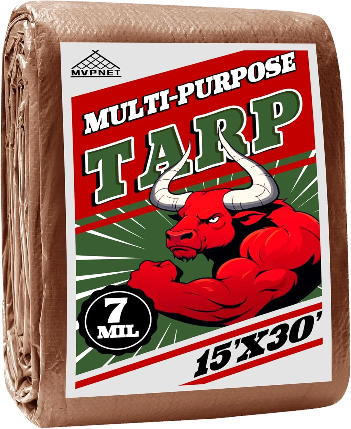 Tarp 15x30 ft 100% Waterproof 7mil Durable Grommets and Reinforced Edges,Uv Resistant,Green/Brown Tarp,Emergency Rain Shelter,Outdoor Cover and Camping Use -by MVPNET
