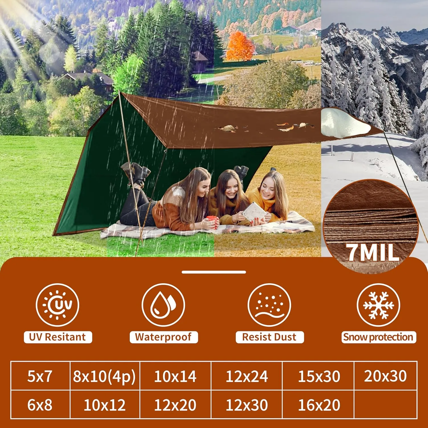 Tarp 15x30 ft 100% Waterproof 7mil Durable Grommets and Reinforced Edges,Uv Resistant,Green/Brown Tarp,Emergency Rain Shelter,Outdoor Cover and Camping Use -by MVPNET