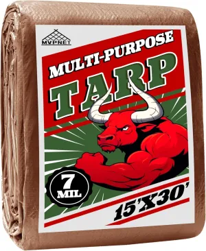 Tarp 15x30 ft 100% Waterproof 7mil Durable Grommets and Reinforced Edges,Uv Resistant,Green/Brown Tarp,Emergency Rain Shelter,Outdoor Cover and Camping Use -by MVPNET