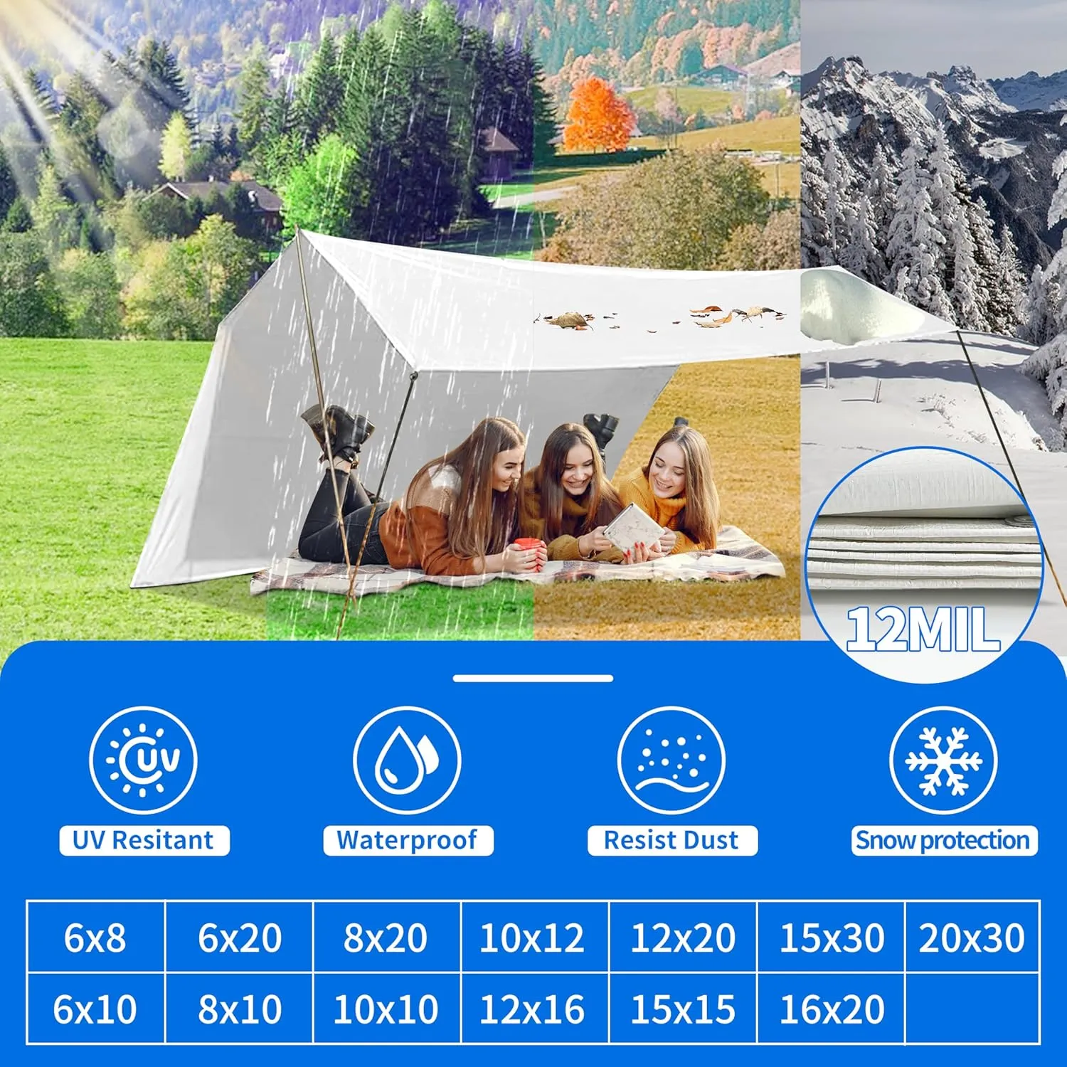 Tarp 6x8 ft Heavy Duty 12mil 100% Waterproof High Durability Multipurpose,Uv Resistant,White Tarp Suitable for Swimming Pools, Boats, Camping, Courtyards, Etc -by MVPNET
