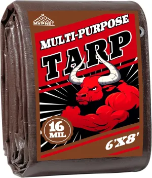 Tarp 6x8 ft Super Heavy Duty 16mil 100% Waterproof,Uv Resistant,High Durability Multipurpose Brown Tarp Suitable for Courtyards, Cars, Camping, Gardens, Pet Nests -by MVPNET