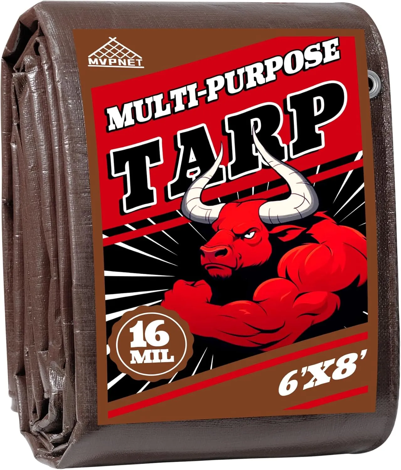 Tarp 6x8 ft Super Heavy Duty 16mil 100% Waterproof,Uv Resistant,High Durability Multipurpose Brown Tarp Suitable for Courtyards, Cars, Camping, Gardens, Pet Nests -by MVPNET
