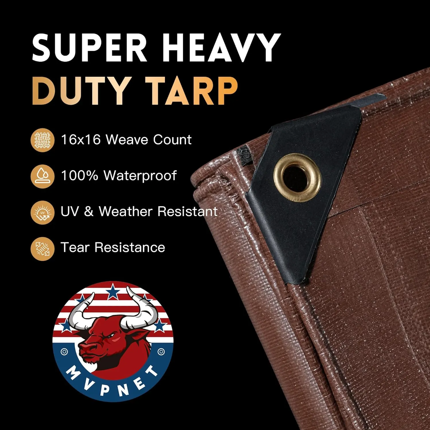 Tarp 6x8 ft Super Heavy Duty 16mil 100% Waterproof,Uv Resistant,High Durability Multipurpose Brown Tarp Suitable for Courtyards, Cars, Camping, Gardens, Pet Nests -by MVPNET