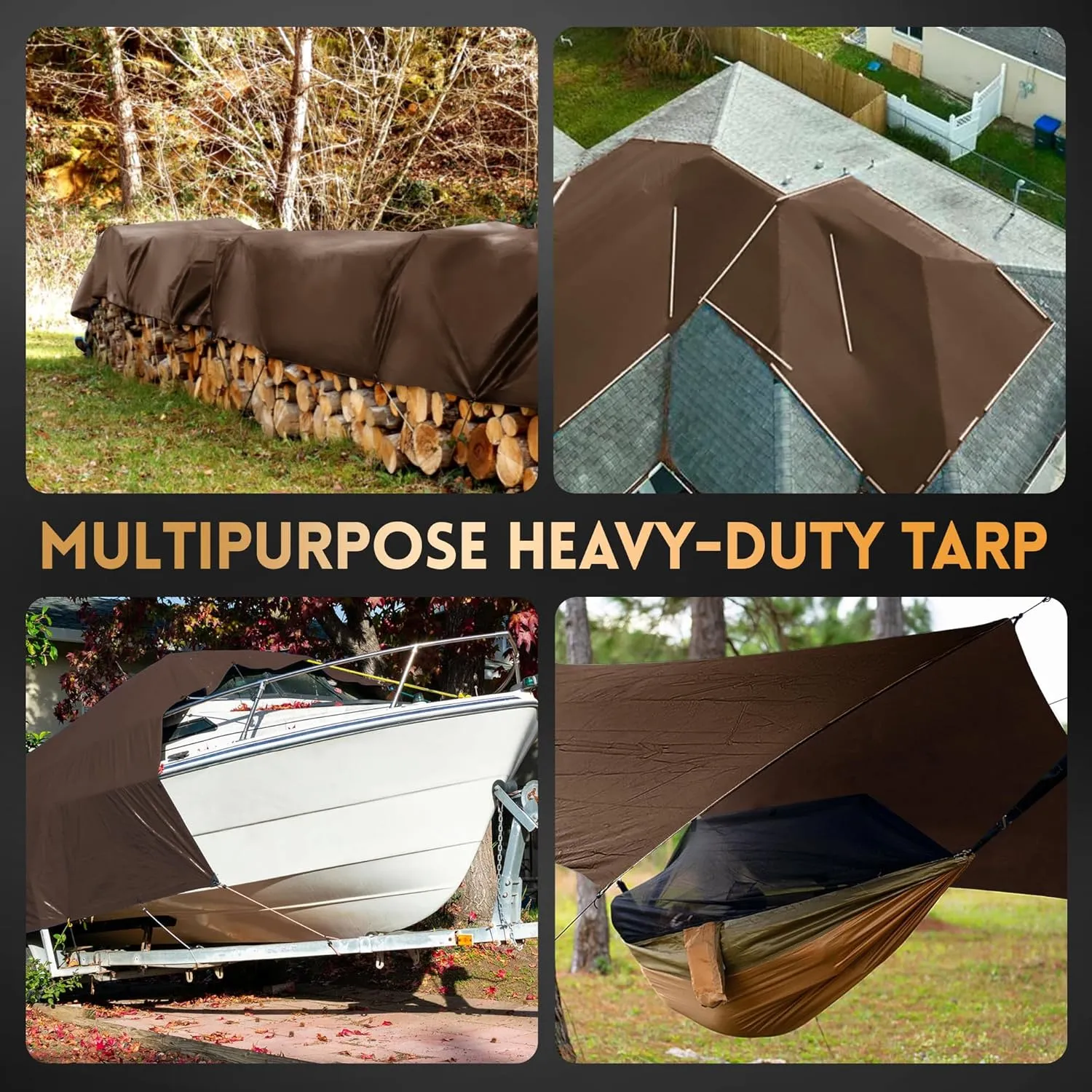 Tarp 6x8 ft Super Heavy Duty 16mil 100% Waterproof,Uv Resistant,High Durability Multipurpose Brown Tarp Suitable for Courtyards, Cars, Camping, Gardens, Pet Nests -by MVPNET