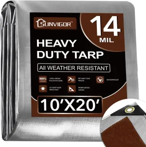 Tarp Waterproof 10x20Ft, Heavy Duty Tarp Cover Extra Thick 14 Mil Tear and UV Resistant, Outdoor Tarps with Grommets and Reinforced Edges for Roof, Camping, Patio, Pool, Boat