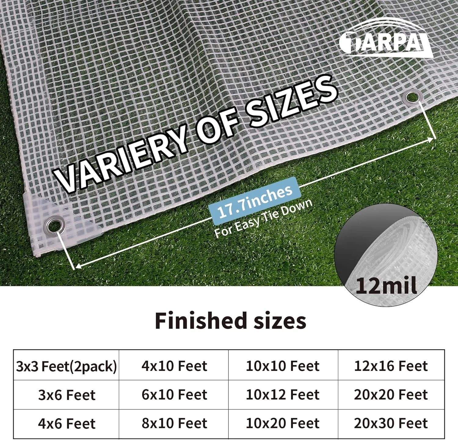 TARPAL 10'x20' Clear White Tarp Heavy Duty Waterproof 12mil with Grommets or Zip Ties for Large Greenhouses for Outdoors Garden,Farm,Chicken Coops