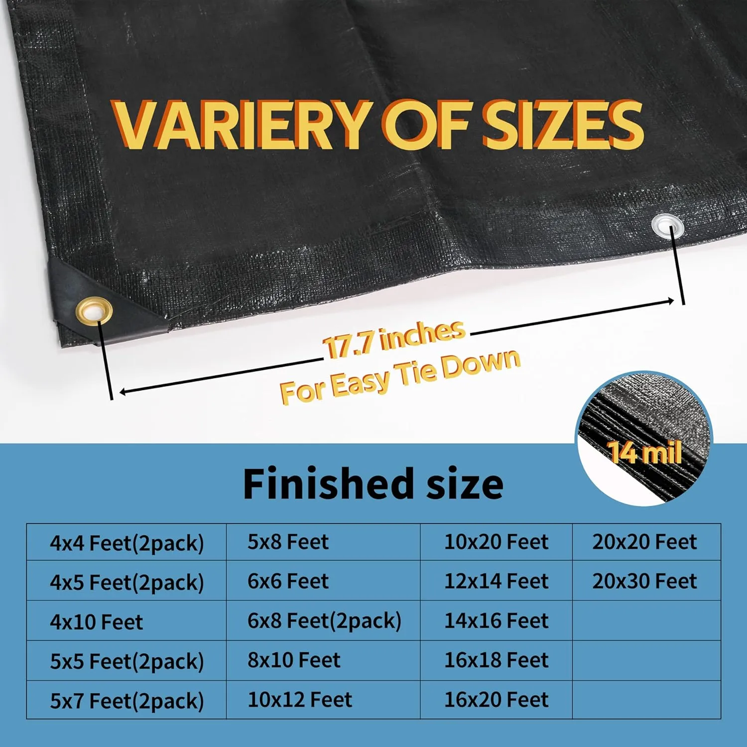TARPAL tarp Waterproof 4x10 feet Black Heavy Duty tarp 14mil polyethylene tarps Multifunctional Tarpaulin，Snow or UV Protection,Suitable for Outdoor Furniture, awnings,Roofs,Tents Cover
