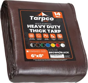 Tarpco Safety Extra Heavy Duty 14 Mil Tarp Cover, Waterproof, UV Resistant, Rip and Tear Proof, Poly Tarpaulin with Reinforced Edges for Roof, Camping, Patio, Pool, Boat (Brown/Black 6′ X 8′)