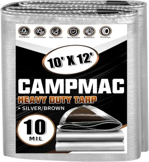 Tarps Heavy Duty Waterproof 10x12 Ft, 10 Mil Thick, High Durability, Rip, UV Resistant and Tear Resistant with Metal Gromets Every 20 Inches (Silver/Brown - Reversible)