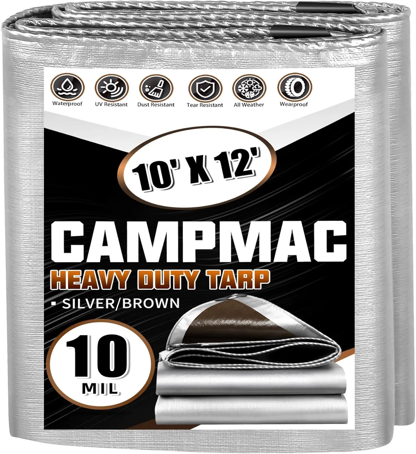 Tarps Heavy Duty Waterproof 10x12 Ft, 10 Mil Thick, High Durability, Rip, UV Resistant and Tear Resistant with Metal Gromets Every 20 Inches (Silver/Brown - Reversible)