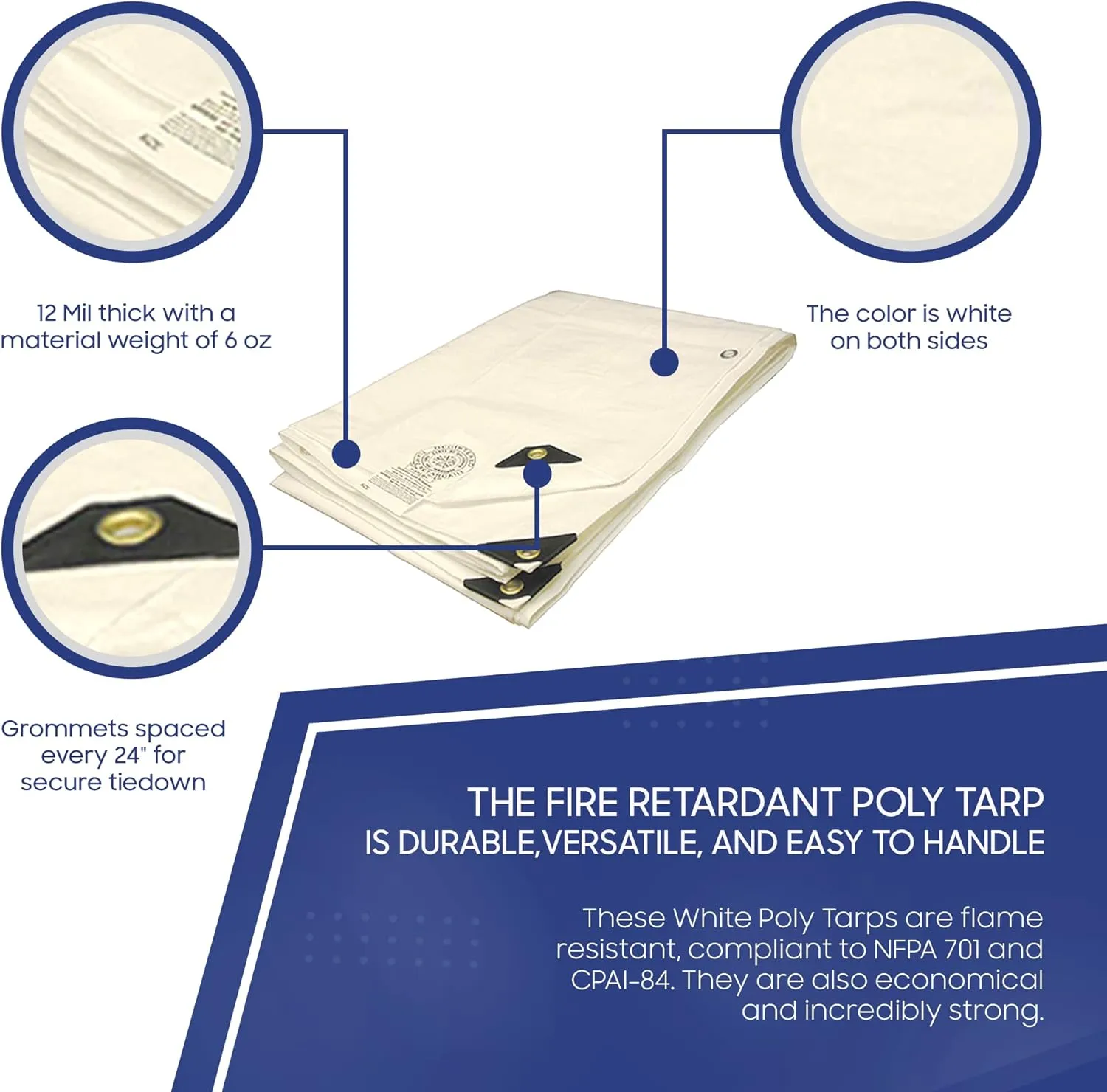 Tarps Now 8x10 Feet Fire Retardant Poly Tarp |12 MIL Heavy Duty Waterproof Cover |Rip and Tear Proof Plastic Tarp with Rustproof Aluminum Grommets & Reinforced Edges |Ideal for Camping - White