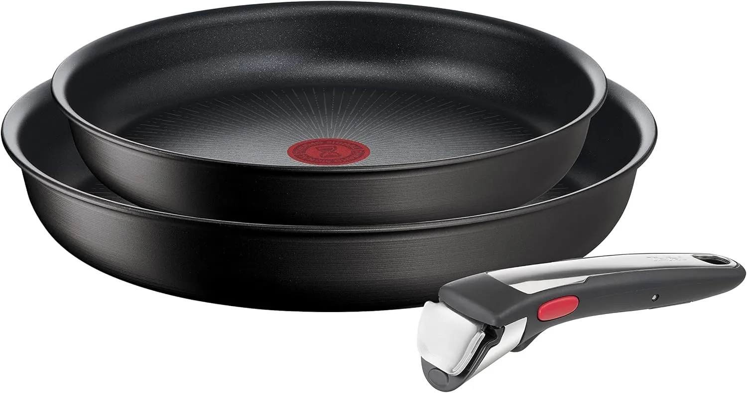 Tefal Ingenio Unlimited On Set of 2 Frying Pans   Removable Handle: Frying Pans 22 and 26 cm, Interchangeable Handle, Non-Stick Frying Pans, Titanium Coated, Thermo-Signal, Black
