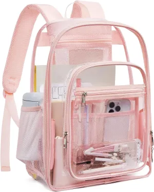 Telena Clear Backpack with Multi-pockets, Heavy Duty TPU Transparent Bag with Reinforced Straps, Large See Through Bookbag for College, Work - Pink