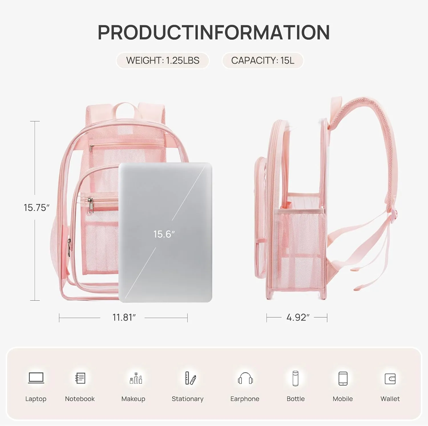 Telena Clear Backpack with Multi-pockets, Heavy Duty TPU Transparent Bag with Reinforced Straps, Large See Through Bookbag for College, Work - Pink