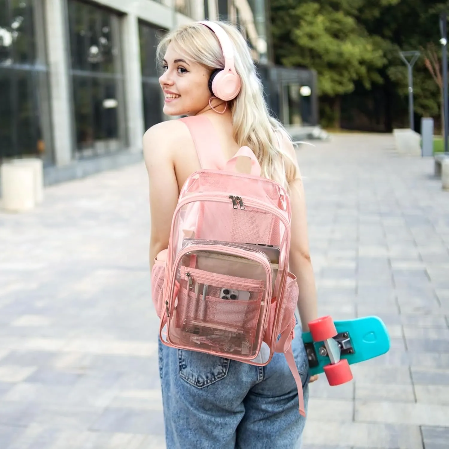 Telena Clear Backpack with Multi-pockets, Heavy Duty TPU Transparent Bag with Reinforced Straps, Large See Through Bookbag for College, Work - Pink
