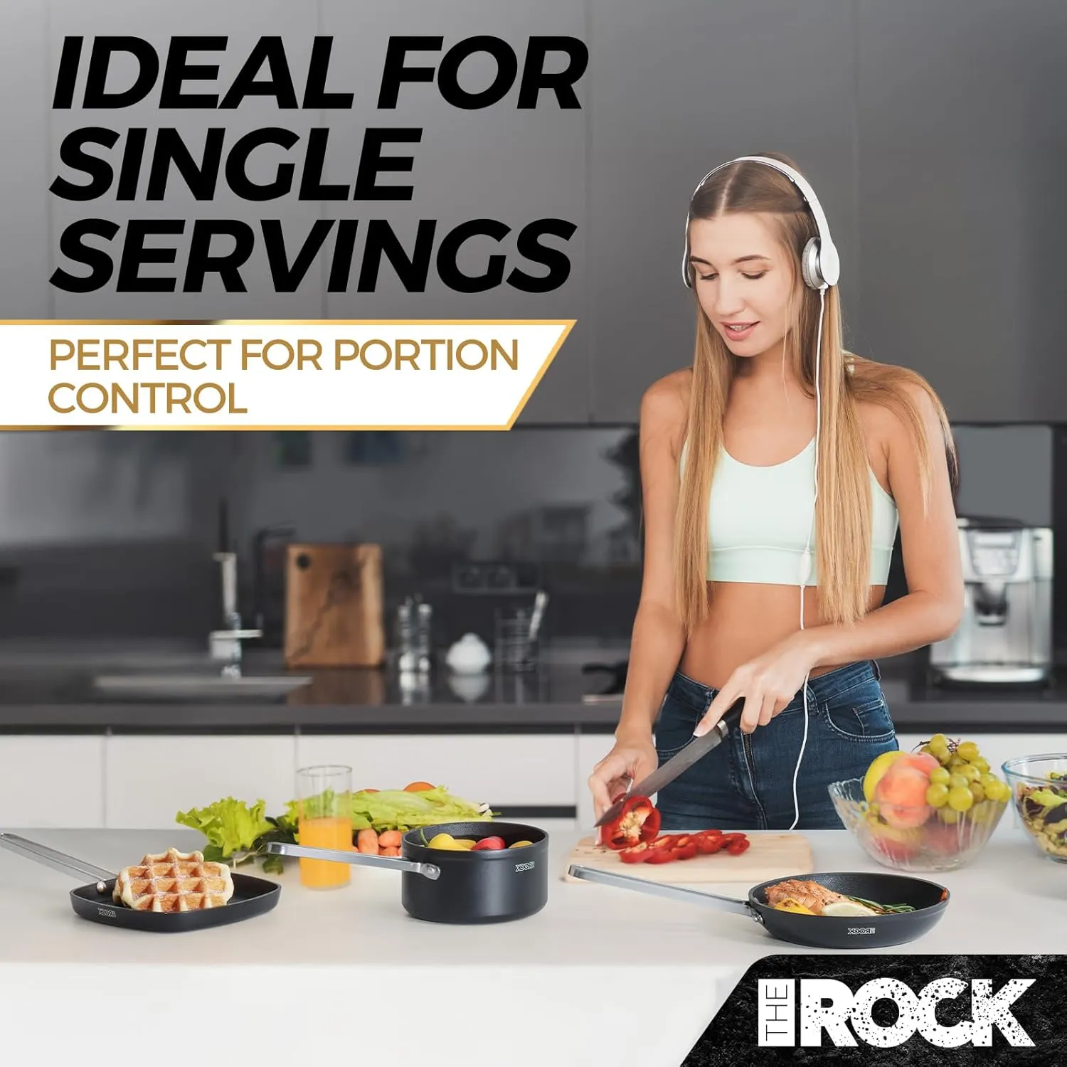 THE ROCK Single Serve Nonstick Pots and Pans Set, 4pc Portion Control Cookware Set with Rock.Tec, Stackable Set with Stainless Steel Handle, Scratch/Stain/Crack Proof, Oven & Dishwasher Safe, Black