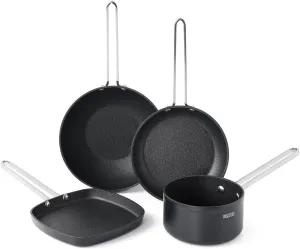 THE ROCK Single Serve Nonstick Pots and Pans Set, 4pc Portion Control Cookware Set with Rock.Tec, Stackable Set with Stainless Steel Handle, Scratch/Stain/Crack Proof, Oven & Dishwasher Safe, Black