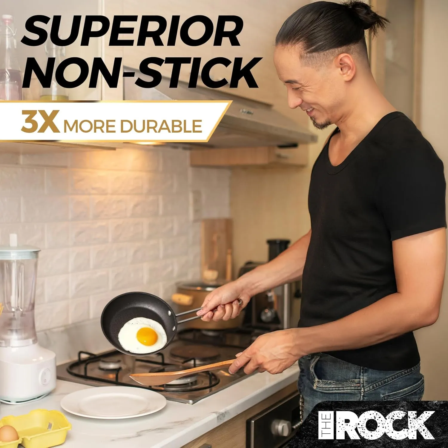 THE ROCK Single Serve Nonstick Pots and Pans Set, 4pc Portion Control Cookware Set with Rock.Tec, Stackable Set with Stainless Steel Handle, Scratch/Stain/Crack Proof, Oven & Dishwasher Safe, Black