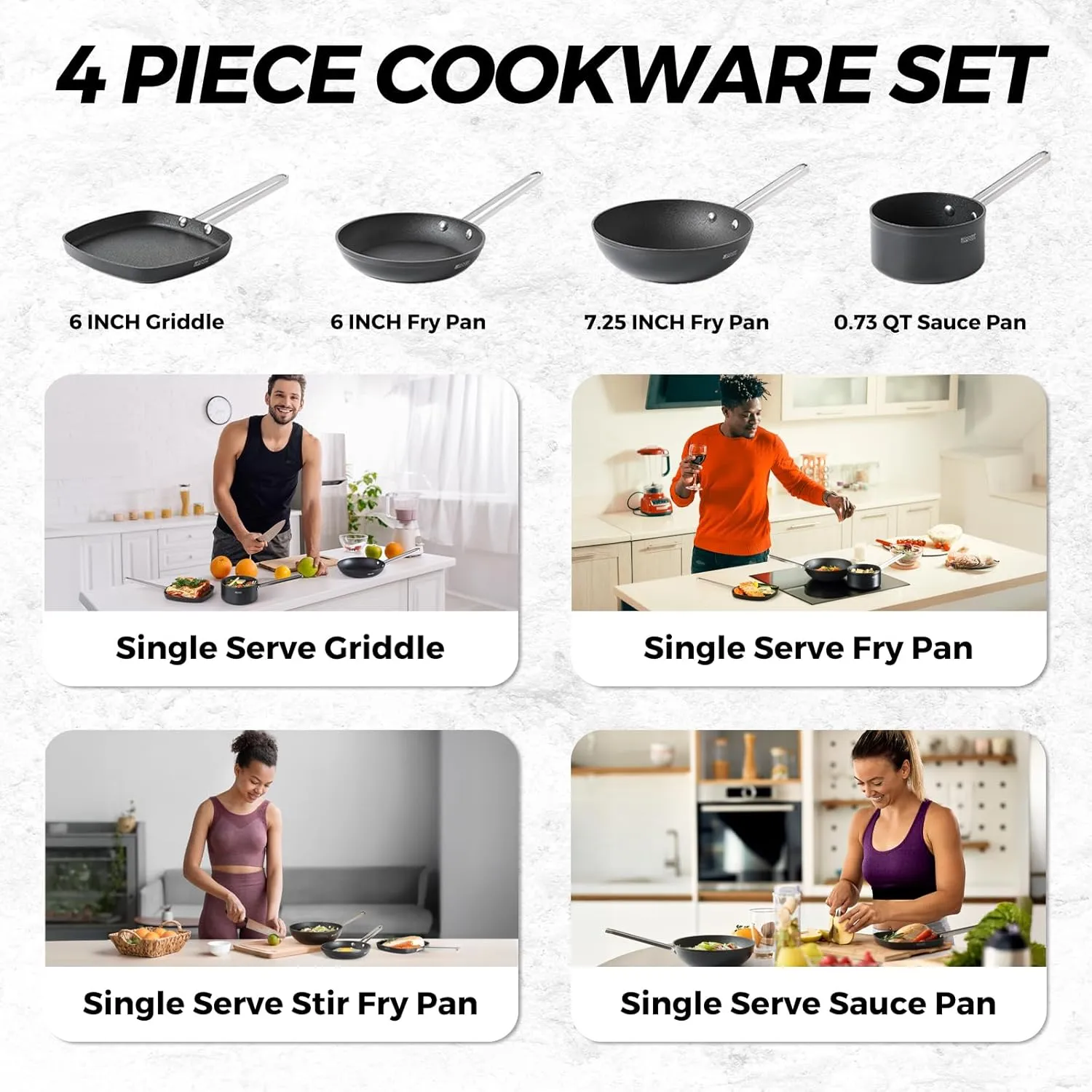 THE ROCK Single Serve Nonstick Pots and Pans Set, 4pc Portion Control Cookware Set with Rock.Tec, Stackable Set with Stainless Steel Handle, Scratch/Stain/Crack Proof, Oven & Dishwasher Safe, Black