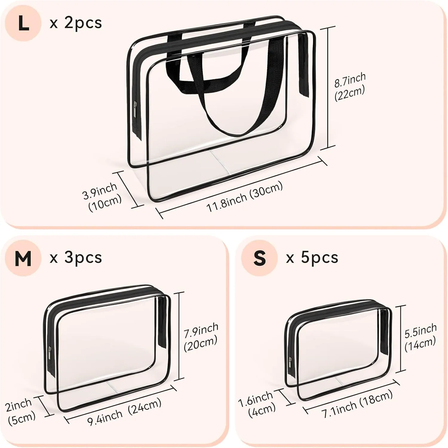 TISRATOK 10 PCS Clear Travel Makeup Toiletry Bag, Plastic PVC Cosmetic TSA Approved Organizer Kit with Zipper Handbag（Black）
