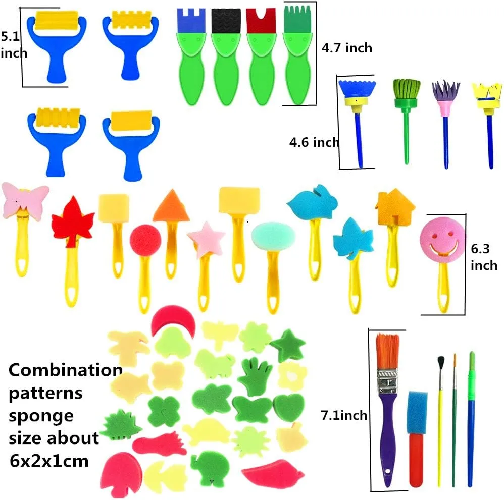 Toddler Painting Set-57Piece Painting Tool Kit with Art Smock - Kids Paint Brushes Sponge Kits- Toddler Kids Early Learning Toys Finger Paints Sponges Washable Acrylic Paint Art Supplies Gift