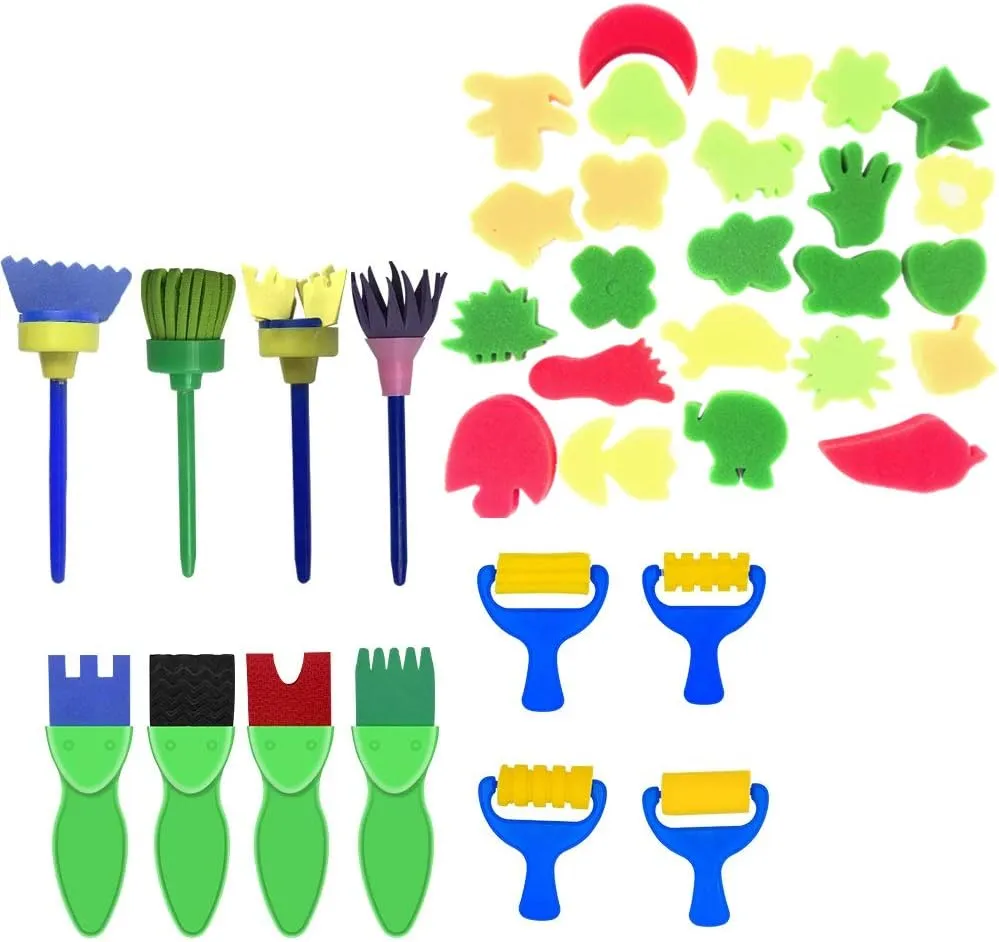 Toddler Painting Set-57Piece Painting Tool Kit with Art Smock - Kids Paint Brushes Sponge Kits- Toddler Kids Early Learning Toys Finger Paints Sponges Washable Acrylic Paint Art Supplies Gift