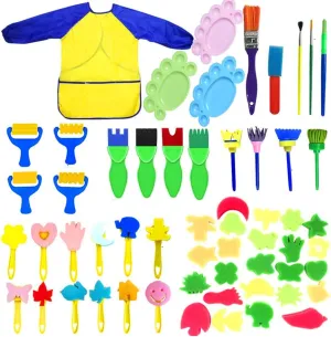 Toddler Painting Set-57Piece Painting Tool Kit with Art Smock - Kids Paint Brushes Sponge Kits- Toddler Kids Early Learning Toys Finger Paints Sponges Washable Acrylic Paint Art Supplies Gift