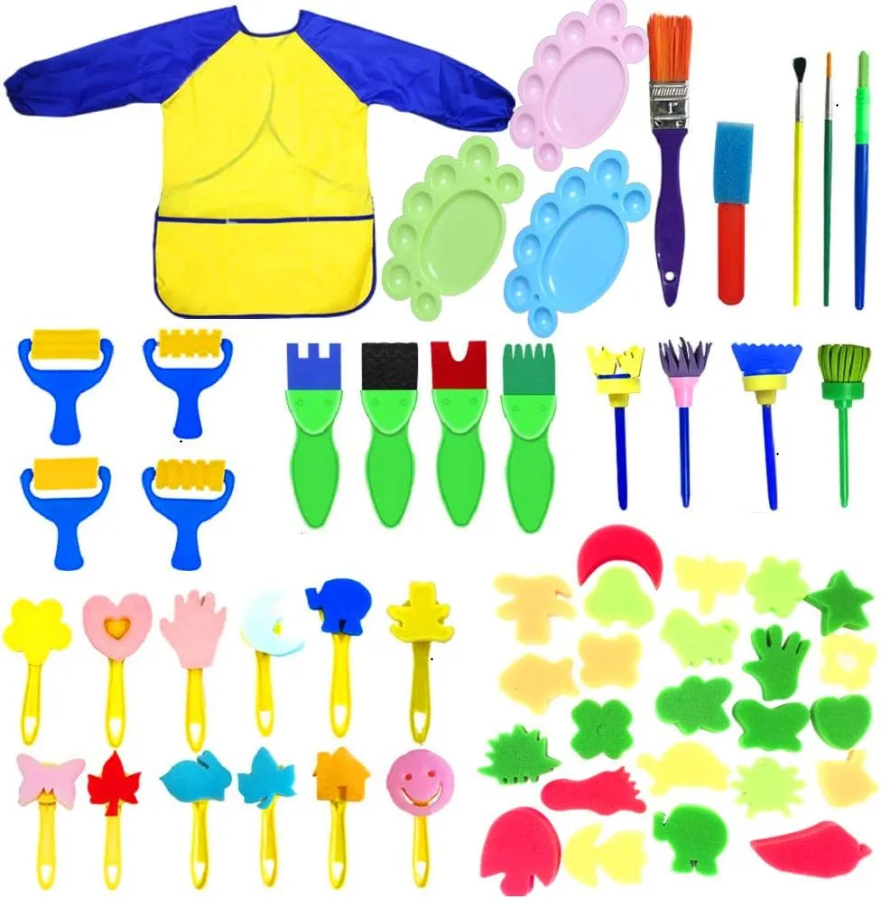 Toddler Painting Set-57Piece Painting Tool Kit with Art Smock - Kids Paint Brushes Sponge Kits- Toddler Kids Early Learning Toys Finger Paints Sponges Washable Acrylic Paint Art Supplies Gift