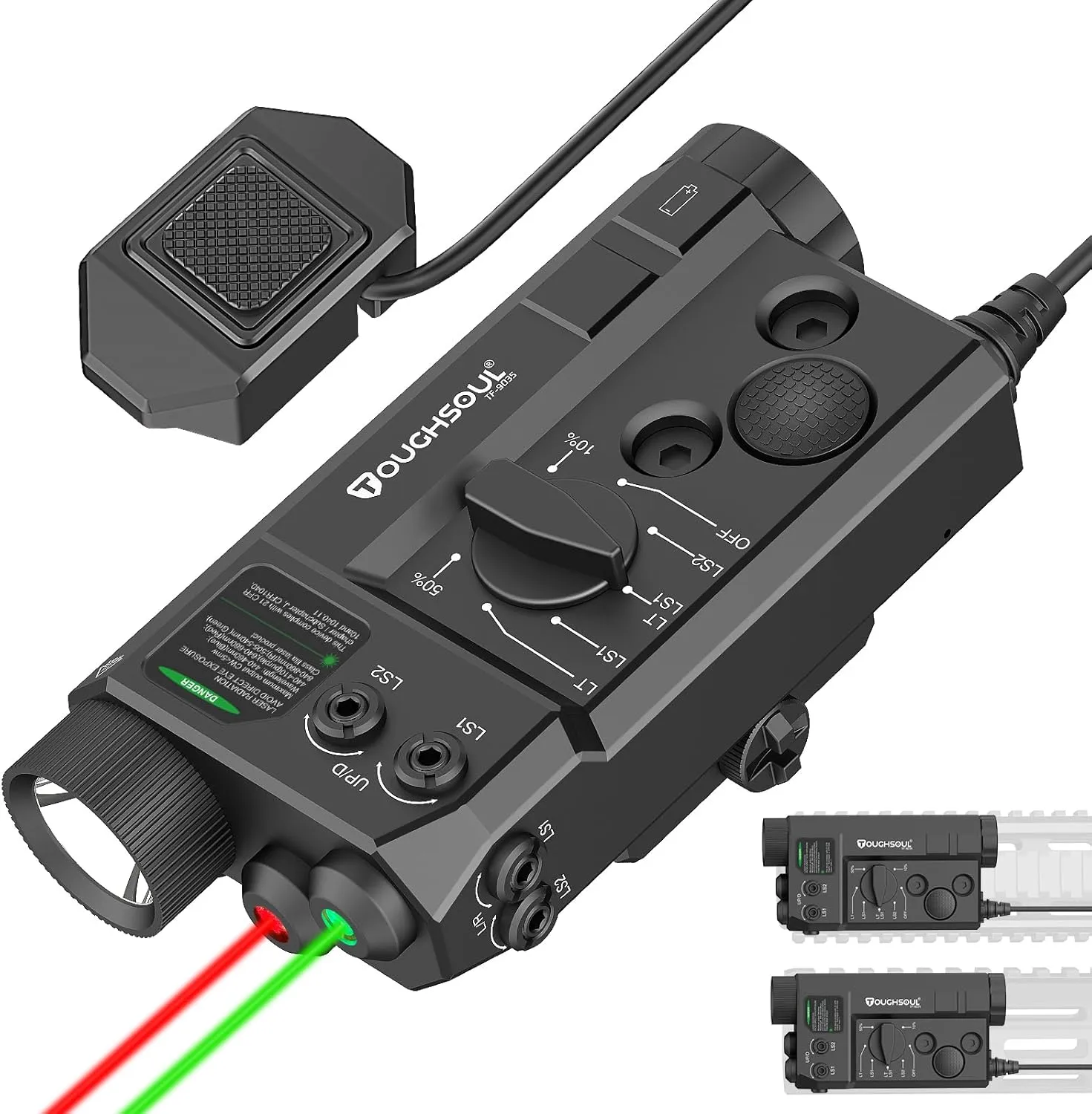 TOUGHSOUL Mlok and Picatinny Mounted Tactical Flashlight Green Laser Red Laser 3 in 1 Combo, 1200 Lumen Light with Remote Pressure Switch for Rifle