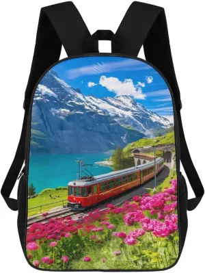 Train Journey Into The Swiss Alps Casual Travel Backpack 17 Inch Large Shoulders Daypack Large Capacity Laptop Bag for Men Women