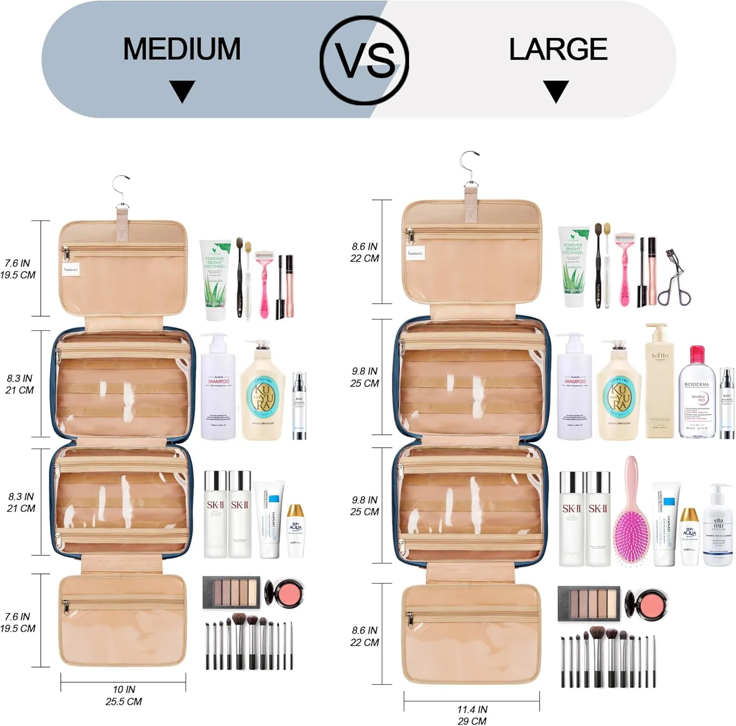 Travel Hanging Toiletry Bag for Women, with Jewelry Organizer Compartment, Medium Waterproof Hanging Makeup Accessories, Cosmetic Essentials, Toiletries Dopp Kit Set with Trolley Belt, Navy Blue