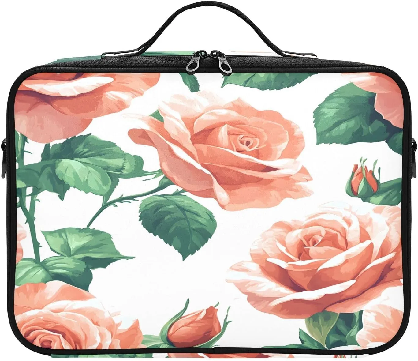 Travel Makeup Train Case Coral Rose Flower Pink Green Leaves Cosmetic Organizer Portable Storage Bag with Adjustable Dividers for Cosmetics Brushes Toiletry Jewelry Digital Accessories