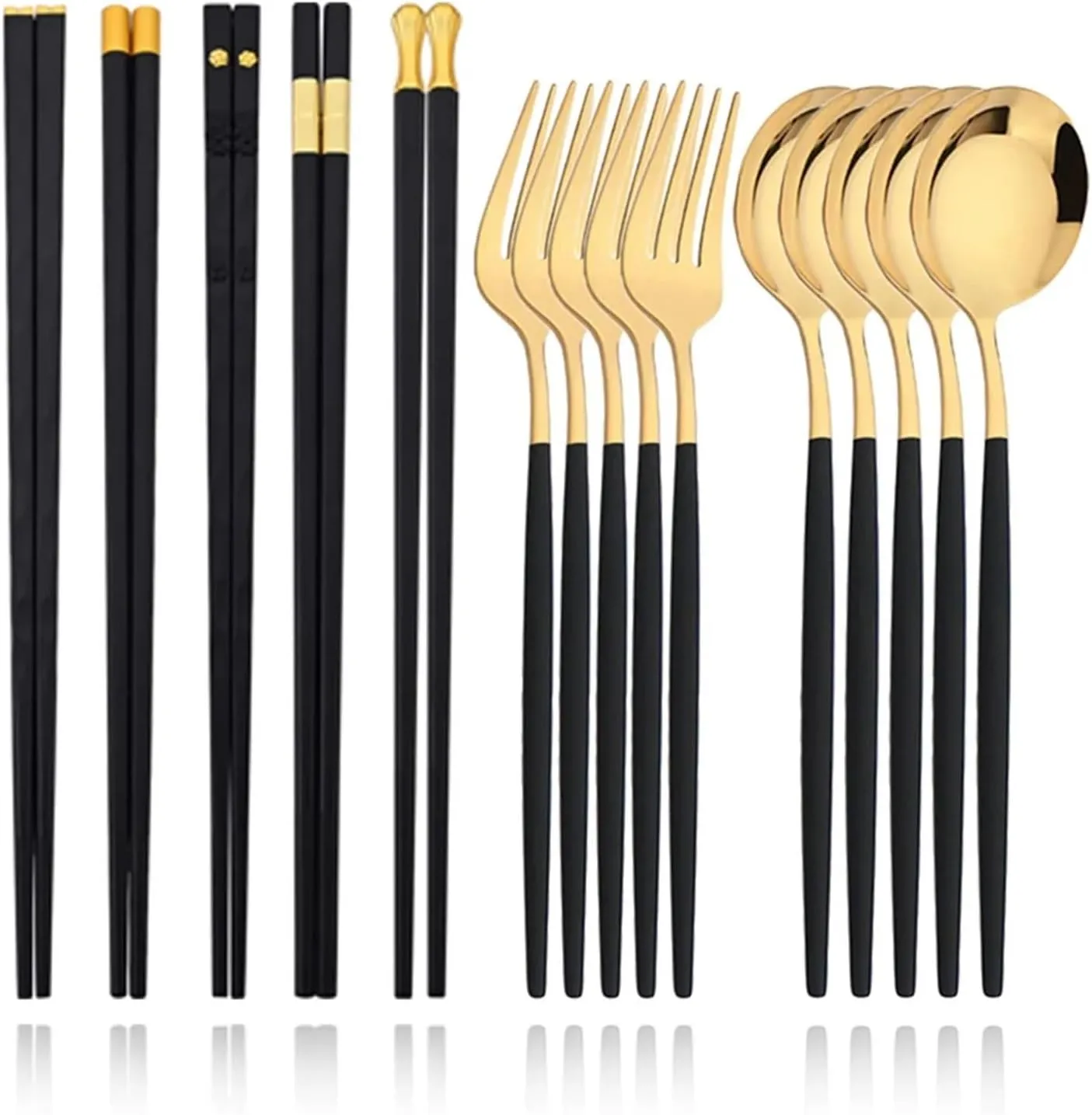 travel utensils Tableware Set 15-20Pcs Cutlery Set Stainless Steel Dinnerware Knife Fork Spoon Chopsticks Cutlery Set(15Pcs Black Gold)