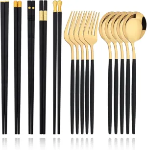 travel utensils Tableware Set 15-20Pcs Cutlery Set Stainless Steel Dinnerware Knife Fork Spoon Chopsticks Cutlery Set(15Pcs Black Gold)
