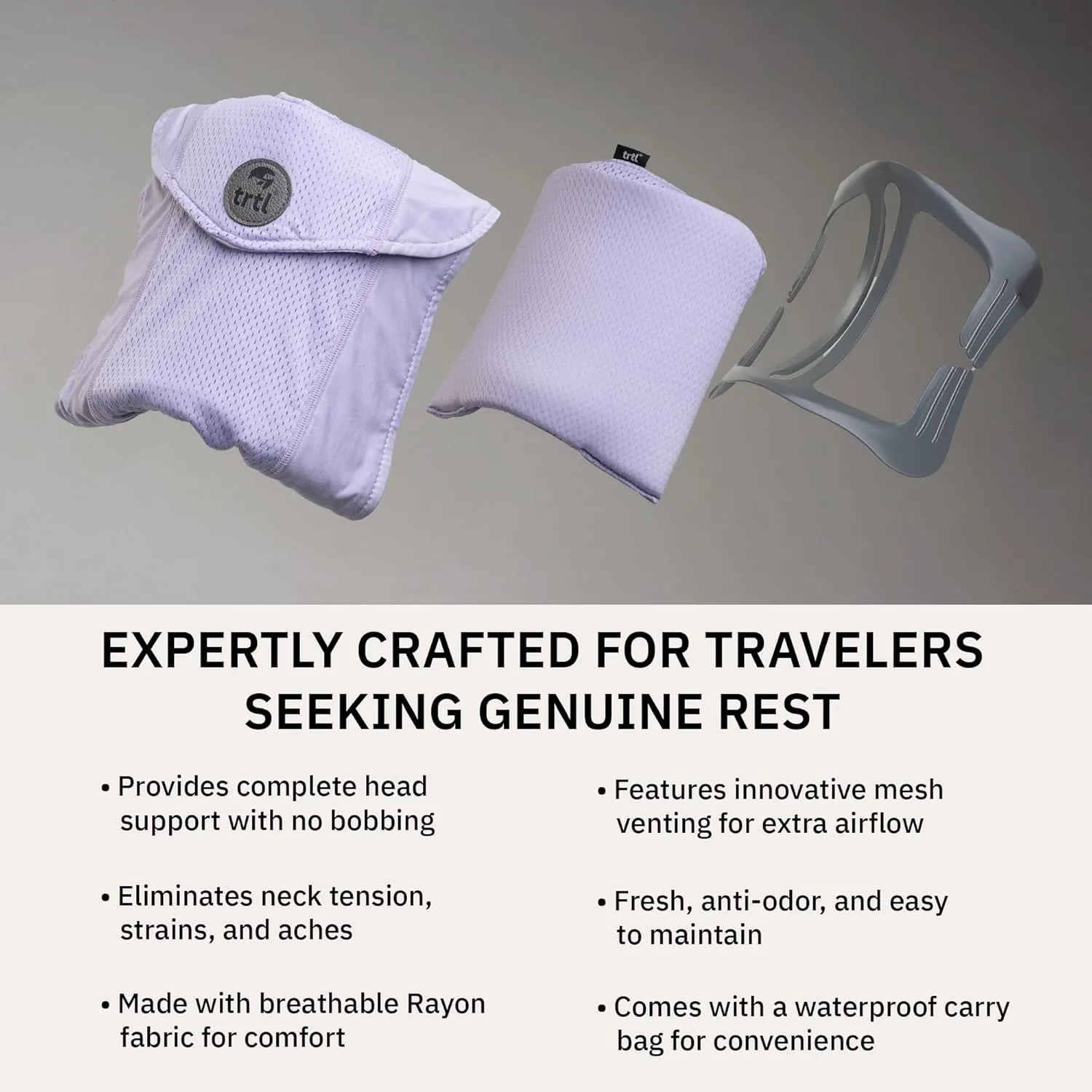 trtl Travel Pillow Cool for Neck Support - Cooling Plane Neck Pillow - with Breathable Fabric - Lightweight and Easy to Carry - Whisper Lilac