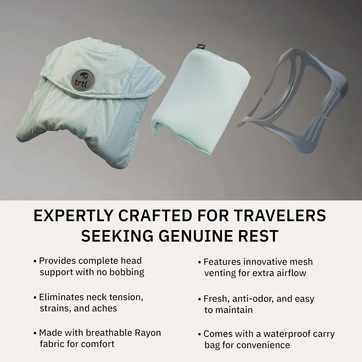 trtl Travel Pillow Cool for Neck Support - Cooling Travel Pillows for Airplanes - with Breathable Fabric - Lightweight and Easy to Carry - Sea Foam Green