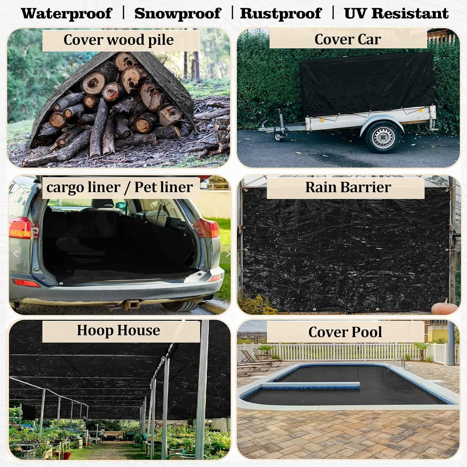 UCINNOVATE Black Tarps Heavy Duty Waterproof 10x10 ft Blackout Tarp Waterproof Cover, 14Mil Druable Black Poly Tarps with Grommets, UV Resistant Heavy Duty Tarp for Outdoor Roof Rain Wind Protection