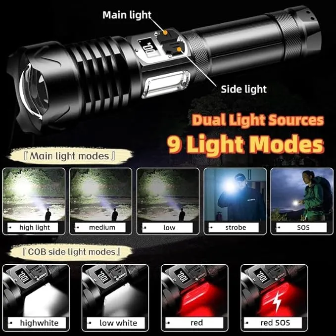 Ultra-Bright LED Flashlights Rechargeable with LCD Display: 25000 High Lumens, Adjustable Focus & USB Power Bank Capability, Dual Light Sources & 9 Modes Flashlight
