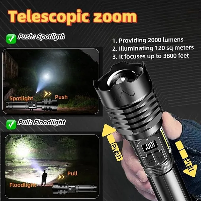 Ultra-Bright LED Flashlights Rechargeable with LCD Display: 25000 High Lumens, Adjustable Focus & USB Power Bank Capability, Dual Light Sources & 9 Modes Flashlight