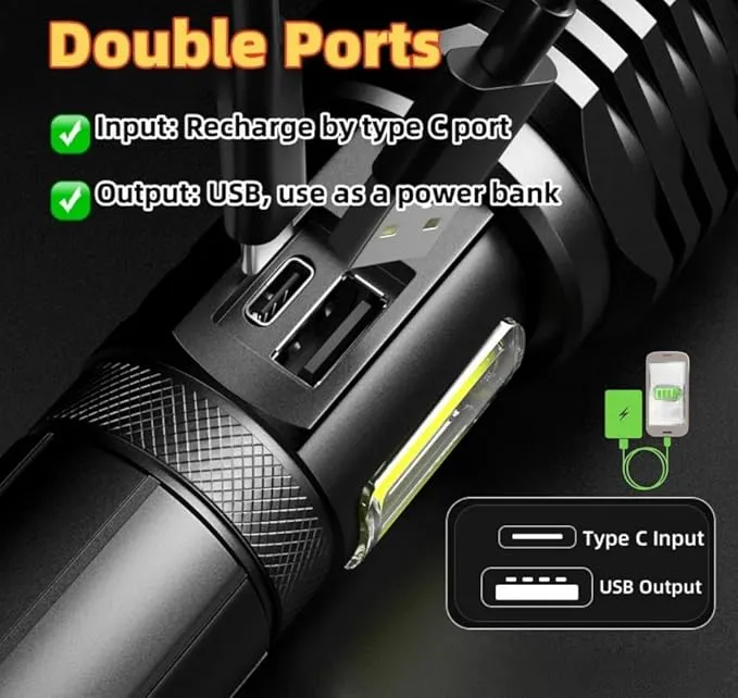 Ultra-Bright LED Flashlights Rechargeable with LCD Display: 25000 High Lumens, Adjustable Focus & USB Power Bank Capability, Dual Light Sources & 9 Modes Flashlight