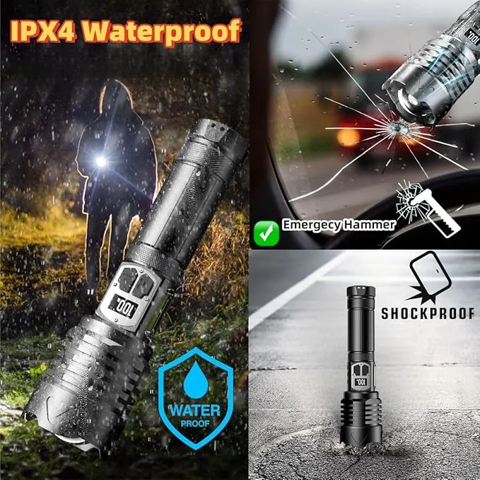 Ultra-Bright LED Flashlights Rechargeable with LCD Display: 25000 High Lumens, Adjustable Focus & USB Power Bank Capability, Dual Light Sources & 9 Modes Flashlight