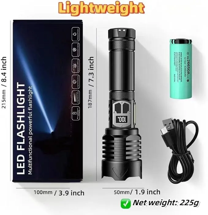 Ultra-Bright LED Flashlights Rechargeable with LCD Display: 25000 High Lumens, Adjustable Focus & USB Power Bank Capability, Dual Light Sources & 9 Modes Flashlight
