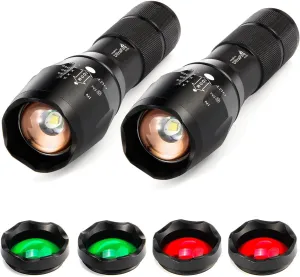 ULTRAFIRE 2 Pack A100 LED Hunting Flashlight,800 Lumen 3-Color-Light Tactical Flashlight 5 Modes Zoomable Small LED Hand held Flashlights (White Light/RED Light/Green Light)