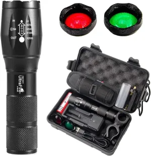 ULTRAFIRE A100 Tactical Flashlight, 800 Lumens 5 Modes LED Zoomable Hunting Flashlight Torch with Duty Belt Flashlight Holster, Red/Green/White Exchange Glass