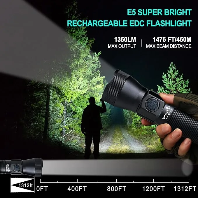ULTRAFIRE E5 Tactical Flashlight Zoomable Rechargeable 1350 High Lumens Law Enforcement EDC Flashlight,6 Modes Dual Switches Small LED Torch for Patrolilng,Emergency