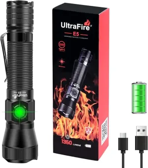 ULTRAFIRE E5 Tactical Flashlight Zoomable Rechargeable 1350 High Lumens Law Enforcement EDC Flashlight,6 Modes Dual Switches Small LED Torch for Patrolilng,Emergency