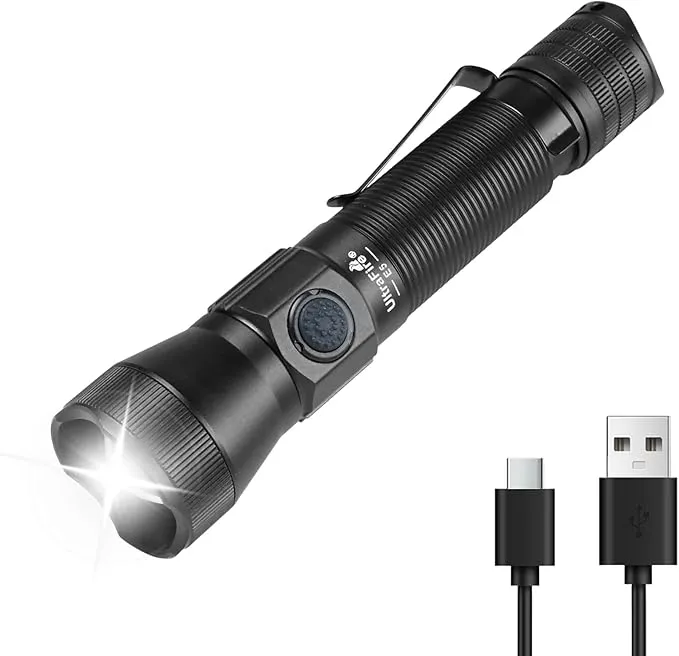 ULTRAFIRE E5 Tactical Flashlight Zoomable Rechargeable 1350 High Lumens Law Enforcement EDC Flashlight,6 Modes Dual Switches Small LED Torch for Patrolilng,Emergency